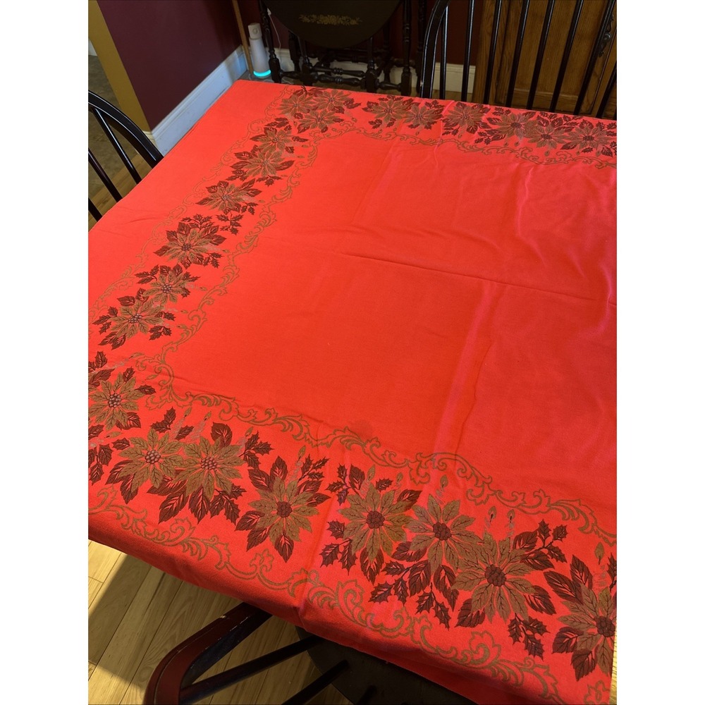 VTG Red Gold Cotton Rectangular Floral Dining Room Table Cloth 78X53"